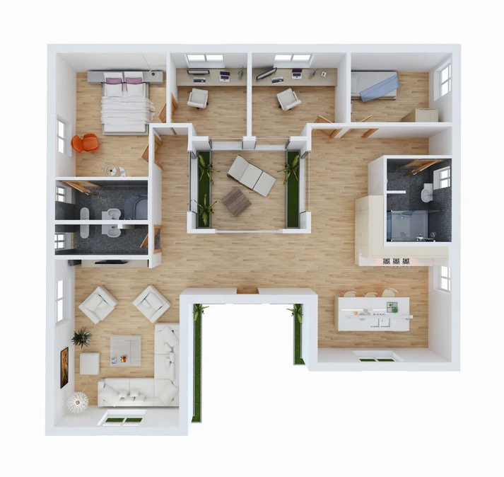 Möblierter 3D-Grundriss für die Visualisierung von Architektur